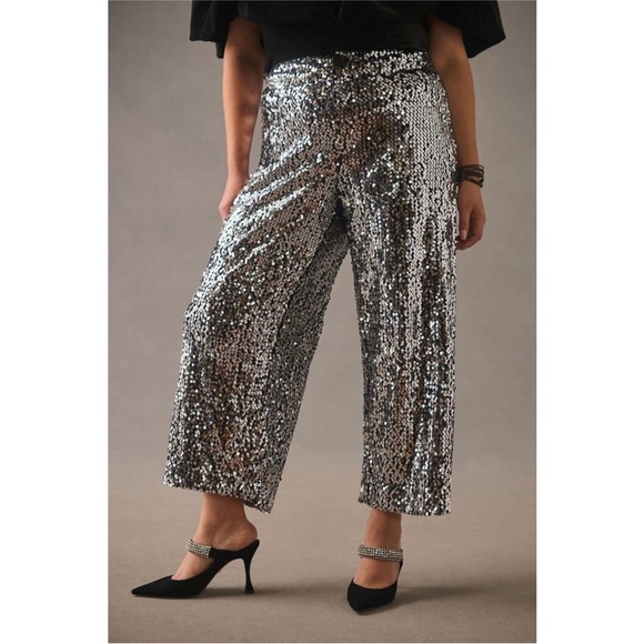 NWT Anthropologie Colette Cropped Wide-Leg Sequin Pants 16W Silver Cocktail $198 - Picture 4 of 7